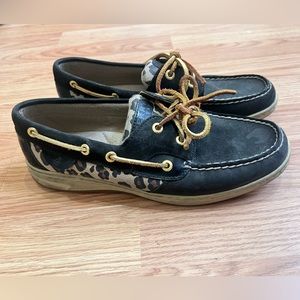 Sperry Black and Leopard Boat Shoes Size 9
